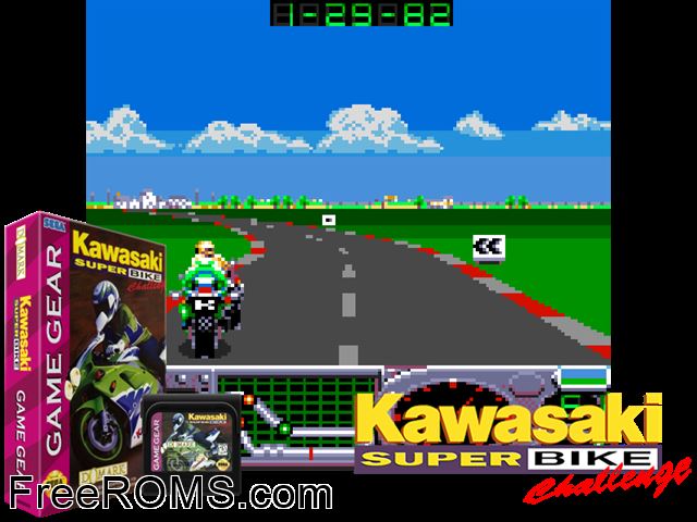 Kawasaki Superbike Challenge Game Gear game showing 3D box cover and gameplay screenshot